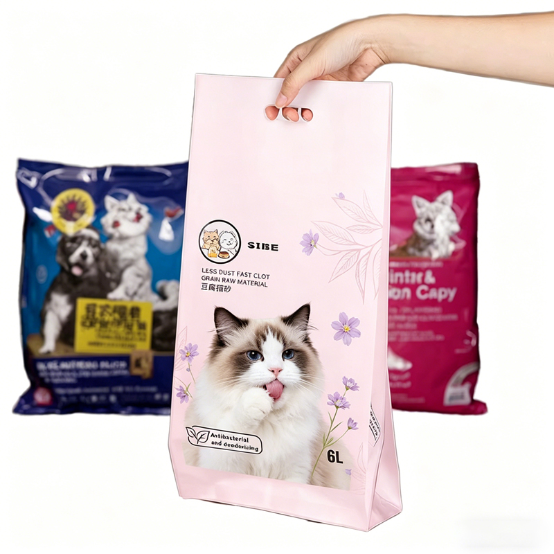 Factory Supply Custom Printed Large Flat Bottom Cat Litter Bag with Hand Hole Plastic Packaging Flat Bottom Pouch 5KG10KG5KG