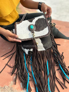 Nuevo estilo occidental pelo en piel oculta cuentas de cuero bolso con flecos alta calidad Boho mujeres cuero turquesa piedra tamaño Ideal bolso - Product Image 4