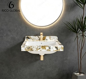 Lavabo de salle de bain intégré en porcelaine, style minimaliste moderne, élégant, monobloc, ovale, avec meuble, en travertin, finition mate, OEM - Product Image 1