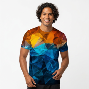 T-shirt en tricot à manches courtes pour homme, motif géométrique, impression numérique, col rond, style formel, 100% polyester, coupe régulière - Product Image 3
