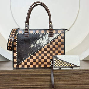 Bolso de Mano Multifuncional y Duradero de Cuero a Cuadros con Cartera a Juego de Piel de Vaca, Conjunto Hecho a Mano de Cuero Genuino para Mujer - Product Image 5