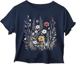 T-shirt décontracté en jersey léger et écologique pour femme, gris, col rond, manches courtes, imprimé floral marguerite, coupe classique, printemps - Product Image 6