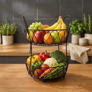 2-Tier Metal Fruit Basket Black Iron Wire Double Layer Kitchen Countertop Organizer <b>Vegetable</b> <b>Stand</b> Home Dining Decor - Product Image 5