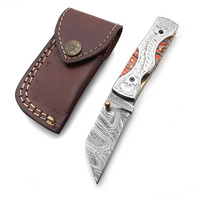 Couteau pliant en acier Damas avec gravure sur le dos, manche en résine orange, couteau de poche pour la chasse et le camping, fabricant