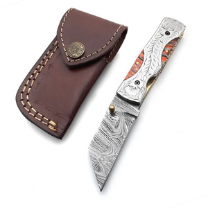 Couteau pliant en acier Damas avec gravure sur le dos, manche en résine orange, couteau de poche pour la chasse et le camping, fabricant - Product Image 3