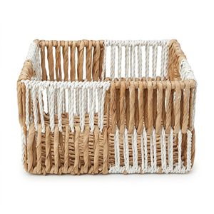Stylish Two Tone Woven Rope Basket Rectangular <b>Storage</b> Container For Home <b>Bath</b> Organization Handwoven With Handles Eco Friendly - Product Image 2
