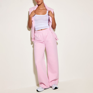 Pantalon large pour femme à taille mi-haute, coupe ample, avec coutures renforcées, en molleton, décontracté, longueur intégrale, taille élastique, couleur unie, style printemps - Product Image 1