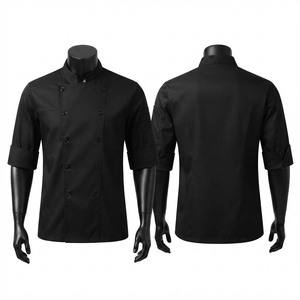 เสื้อเชฟแบบยูนิเซ็กซ์ ผ้าโพลีคอตตอนทอคุณภาพพรีเมียม 240 GSM สีดำ กระดุมสองแถว คอตั้ง แขนเสื้อพับได้ พิมพ์ลายด้วยเทคนิคซิลค์สกรีน - Product Image 1