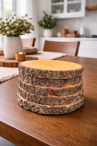 Ensemble de sous-verres rustiques faits à la main en bois 100 % naturel, motifs floraux, rondes, avec détails de l'écorce - Product Image 5