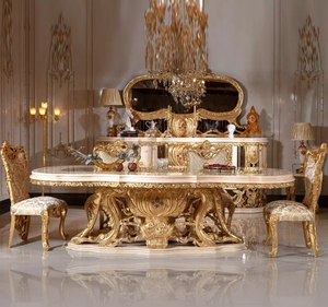 ชุดโต๊ะรับประทานอาหารรูปวงรีไม้สักทองคำหรูหราสไตล์ยุโรปคลาสสิก แกะสลักอย่างประณีต เป็นมิตรกับสิ่งแวดล้อม เหมาะสำหรับโรงแรม ผลิตในอินโดนีเซีย - Product Image 2