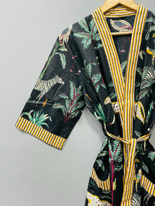 Kimono de Verano con Estampado de Jungla, Estilo Bohemio, Cuello en V, 100% Algodón Suave, Cierre con Cordón, Estilo Casual Clásico de Lujo - Product Image 3