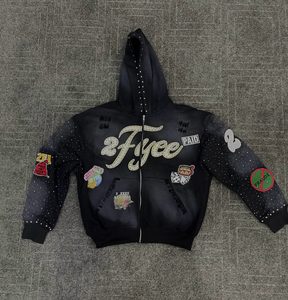 High Quality <b>Men's</b> <b>Red</b> Hooded <b>Sweatshirt</b> Oversized Streetwear Puff Printed Logo Front Pocket Design Rhinestones Zipper Hoodie - Product Image 5