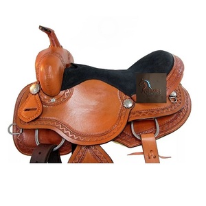 Tan Leather Western Barrel Horse Saddle With Floral Hand Carved Black Suede Seat Metal Conchos With Tack Set 10"-18" Inch LLT - Product Image 5