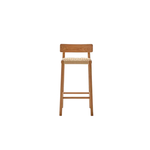 Tabouret de bar en teck massif avec assise en corde tressée, idéal pour les îlots de cuisine, les restaurants, les hôtels, les villas - Product Image 1