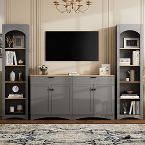 Meuble TV 3 pièces tendance style ferme du milieu du siècle avec étagère et rangement pour téléviseurs jusqu'à 70 pouces – Centre de divertissement élégant - Product Image 2