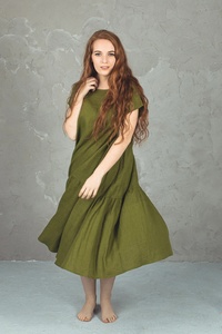 เดรสผ้าฝ้ายทรงเอไลน์ขนาดใหญ่พิเศษ สีเขียวมอส รุ่นใหม่ล่าสุด ใส่สบาย มีกระเป๋า - Product Image 3