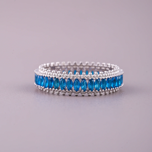 Women's 925 Silver Eternity Band <b>Ring</b> With Marquise Cut Blue <b>Crystal</b> Rhinestones Channel Setting Classic Style - Product Image 1