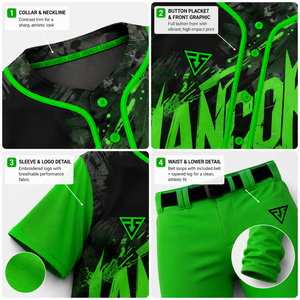 Ensemble d'uniformes de baseball vert néon personnalisés, maillot et pantalon sublimés à boutons, tenue d'équipe à marque privée pour clubs et équipes de tournoi - Product Image 4