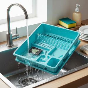 Scolapiatti in plastica quadrato impilabile con vassoio, organizer per lavello da cucina, porta piatti e ciotole - Product Image 3