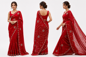 Elegant <b>Red</b> Organza <b>Saree</b> Embroidered Indian Wedding Wear Silk Sarees Women Pakistani Party Wear Bridal Sari Wholesale CHOHAN - Product Image 4