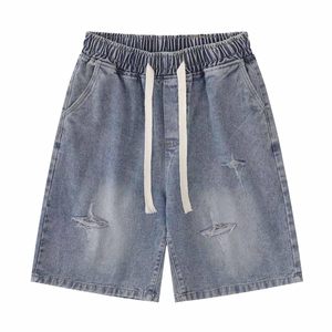 Shorts en jean pour homme, taille élastique, déchirés, style décontracté, 100% coton, tissu en laine, shorts vintage - Product Image 2
