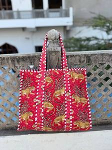 Bohemian Block Print Cotton Quilted Shoulder <b>Bag</b> Inner Pockets Durable Reusable Tote for Daily Life <b>Work</b> College - Product Image 3