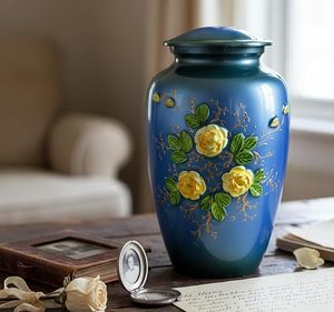 Elegante Urna de Cerámica Azul con Diseño Floral y Tapa, Recipiente Decorativo para Almacenamiento, para Uso Conmemorativo en el Hogar - Product Image 6