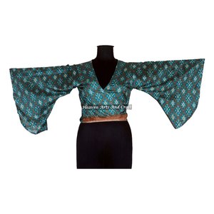 Alluring Poly Silk Wrap Tie <b>Top</b> Dress For Women Dress Set Long Bell Sleeve Wrap <b>Top</b> Printed High Waist - Product Image 1