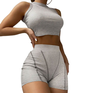 Women Ribbed Knit <b>Crop</b> <b>Top</b> Shorts Set Sleeveless <b>Turtleneck</b> Sporty Printed Streetwear Skinny Fit Polyester Cotton Breathable - Product Image 3