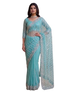 Sari en soie vert menthe élégant avec broderie de sequins, tenue de fête de mariage, style indien pakistanais, longueur au sol pour femmes - Product Image 3