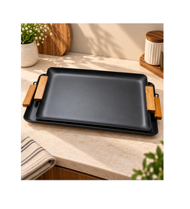 Ensemble de deux plateaux de service de tailles différentes en fer noir, plateau à chocolat, vaisselle, plateau de service alimentaire avec poignées en bois - Product Image 1