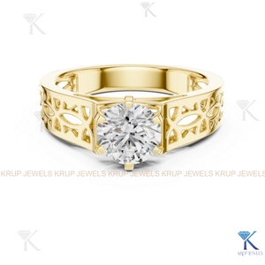 Bague de fiançailles et de mariage classique en diamant de laboratoire personnalisé, certifiée IGI, taille brillant rond, bande à découpe géométrique, or massif - Product Image 2