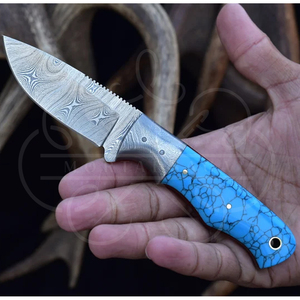 Couteau de chasse artisanal en acier Damas avec manche en résine turquoise bleue, lame fixe pleine longueur, couteau de camping d'extérieur - Product Image 3