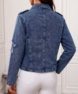 Hardihood International Veste en jean pour femme, imprimé floral, appliqués, délavage vieilli, style formel, respirante, coupe classique, automne - Product Image 2