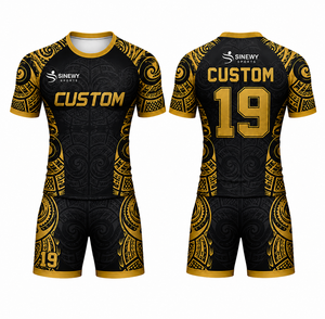 Vente en gros d'uniformes de rugby personnalisés, design tribal noir et or, maillot et short de rugby en sublimation pour les équipes - Product Image 6