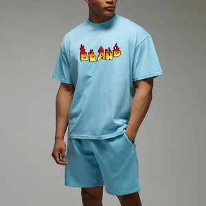 Men Summer Casual Two-Piece <b>Set</b> Light Blue Cotton T-Shirt Shorts Crew Neck Printed Letter Design Breathable <b>Knitted</b> Fabric - Product Image 1