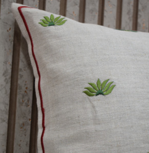 Natural Linen Embroidered Green Leaf Cushion Cover <b>Red</b> Piping Decorative <b>Throw</b> Pillow Case Botanical Home Sofa Decor Supplier - Product Image 3