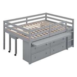 Letto a Soppalco in Legno a Grandezza Naturale con Scrivania Retrattile e 4 Cassetti, Scaffali Laterali Portatili in Grigio per Bambini - Product Image 6