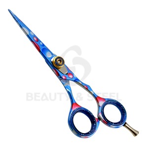 Ciseaux de coiffure professionnels avec motif à pois bleus, bord convexe tranchant, ciseaux de barbier pour un coiffage précis - Product Image 1