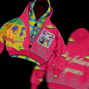 Men's Tie-Dye Skull Hoodie Zip-Up Fleece Oversized Streetwear With Rhinestone Patch Design - Product Image 6