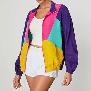Chaqueta Ligera de Mujer con Bloques de Color y un Solo Botón, Estilo Patchwork Deportivo, Cortavientos Retro de los 80, Ropa Deportiva para Correr al Aire Libre - Product Image 3