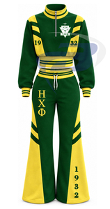 Ensemble de survêtement vert et jaune pour femmes Chi Eta Phi, manches longues, demi-zip, cordon de serrage, pantalon de jogging, tenue sportive décontractée - Product Image 1