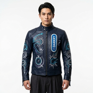 Chaqueta de Cuero Genuino Bordada Estilo Motero con Cierre de Cremallera, Cuello Alto, Estilo Urbano, Corte Regular, Estilo Boxeo - Product Image 1