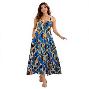Vestido Midi Moderno para Mujer, Corte en A, Tirantes Finos, Sin Mangas, Estampado Ikat, Casual, con Botones, Azul, 100% Algodón - Product Image 1