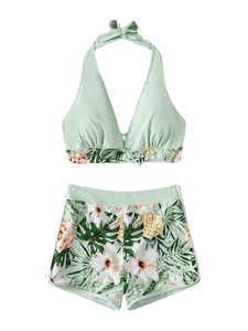 Women's Solid Color New 1 Piece <b>Bikini</b> <b>Set</b> High Waist Shorts Swimwear Tankini Beachwear Front Logo - Product Image 1