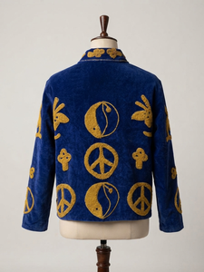 OEM Custom <b>Women</b> Peace Sign Embroidered Blue <b>Velvet</b> <b>Jacket</b> Boho Short Open Front Coat Vintage Winter Ethnic Outerwear Wholesale - Product Image 2