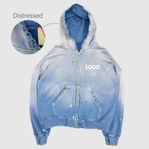 Sweat à capuche zippé Streetwear Designer personnalisé, en coton épais, coupe oversize, délavé à l'acide, effet vieilli, brodé de strass - Product Image 1