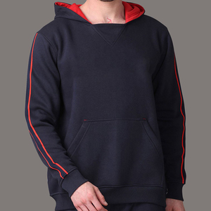 Custom Men’s Navy Blue Pullover <b>Hoodie</b> with <b>Red</b> Contrast Hood Lining Sleeve Piping and Kangaroo Pocket - Product Image 1