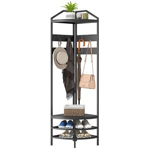 Mobiletto Portascarpe Industriale a 4 Livelli con 8 Ganci Mobili e 2 Ripiani per Ingresso (Nero) - Product Image 1