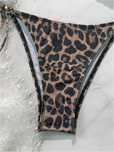 Conjunto de Bikini con Estampado de Leopardo para Mujer, Top Halter con Lazos Laterales, Parte Inferior de Spandex y Poliéster, Traje de Baño de Dos Piezas Elástico - Product Image 3